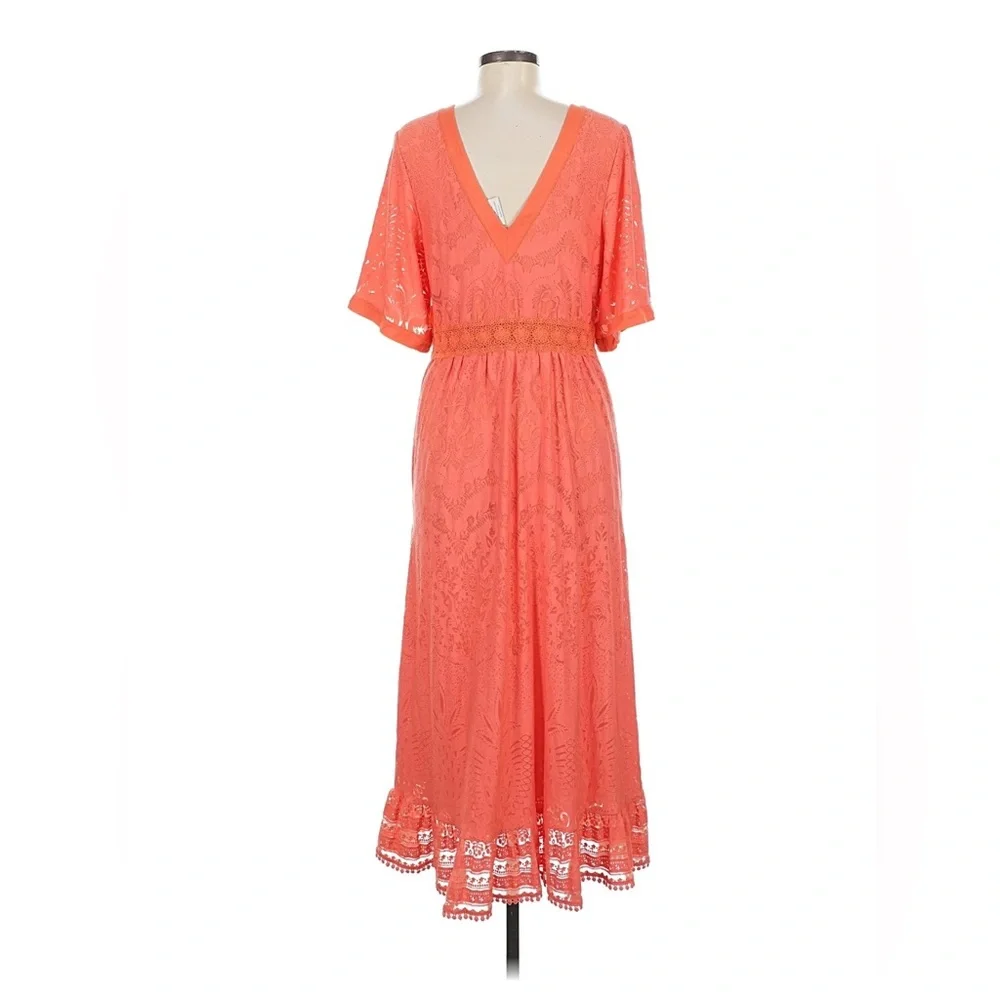 FARM Rio Vibrant Coral Cut Out, Devore, V-neck, peplum Maxi Dress - Picture 5 of 6